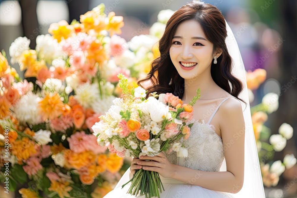 Radiant Asian bride exudes happiness and smiles in her stunning wedding dress. Generative AI Radiant Asian bride exudes happiness and smiles in her stunning wedding dress. Generative AI