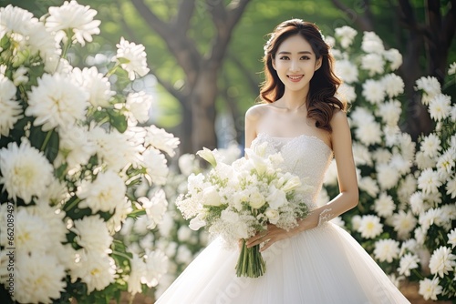 Radiant Asian bride exudes happiness and smiles in her stunning wedding dress. Generative AI