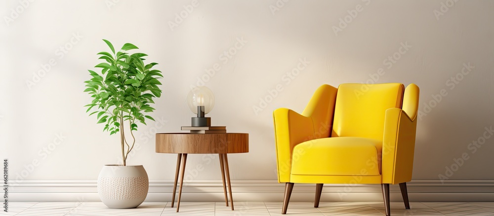Real photo of a sunny living room with yellow armchair wooden table herringbone floor and white walls With copyspace for text