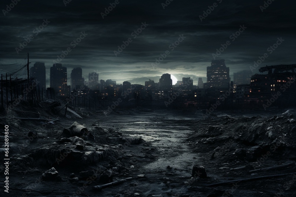 Panoramic view of a dark urban landscape. Generative AI