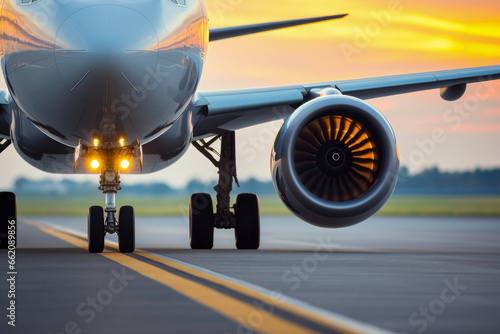 Close up tire of air passenger jet plane driving on runway in background of airport. Transportation concept of vehicles and travel.