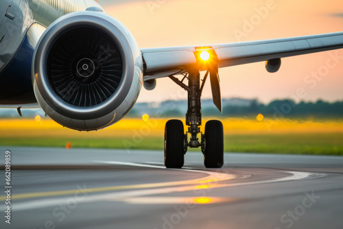 Close up tire of air passenger jet plane driving on runway in background of airport. Transportation concept of vehicles and travel.