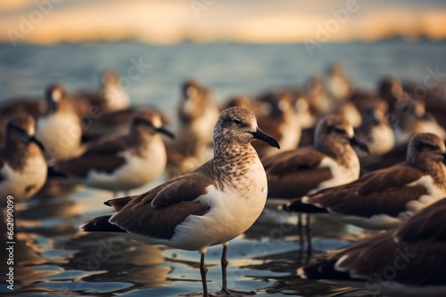 A group of birds standing on water