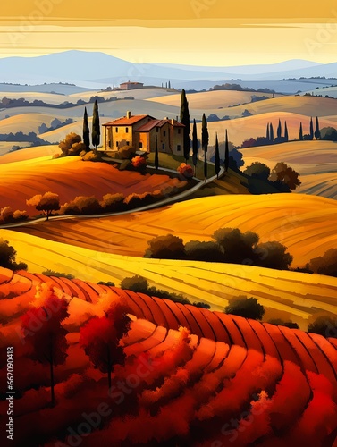 rural landscape house fields italian red orange evokes delight immaculate rows crops cypresses hills colors coloring