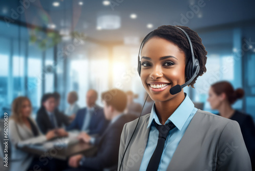 Portrait of smiling young african american businesswoman with headset in office