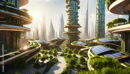 Ecological future city concept with carbon neutral footprint against global warmth. Green city solutions. Smart city. Solar Punk.