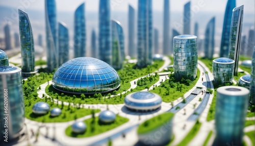 Ecological future city concept with carbon neutral footprint against global warmth. Green city solutions. Smart city. Solar Punk.