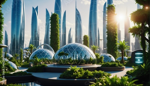 Ecological future city concept with carbon neutral footprint against global warmth. Green city solutions. Smart city. Solar Punk.
