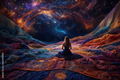 A Girl sitting on a dream escape - Fantacy world galaxy staring girl #662090884