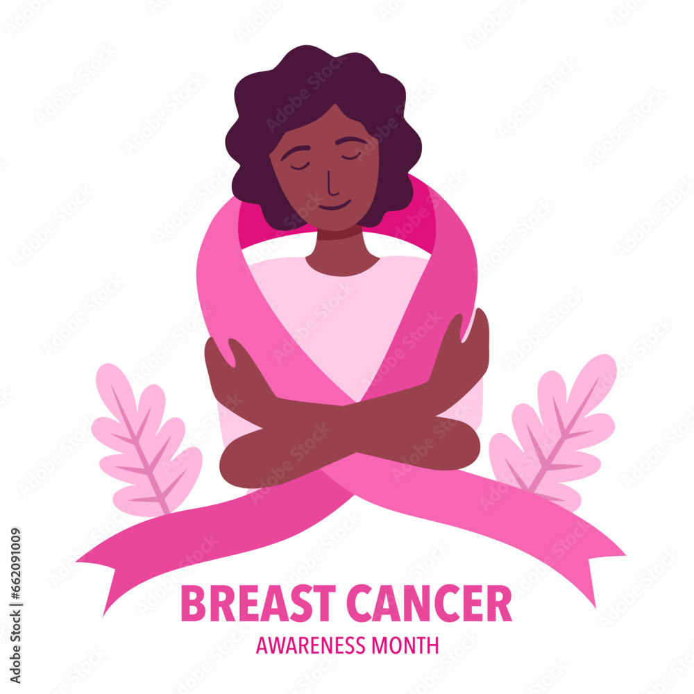 Black woman embracing herself with pink ribbon. Breast cancer awareness month. Black woman embracing herself with pink ribbon. Breast cancer awareness month.