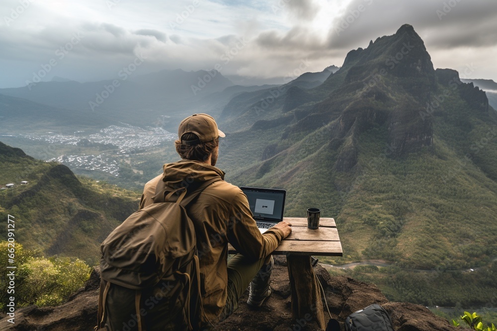 Digital nomad working on a laptop with a breathtaking mountain view created with Generative AI