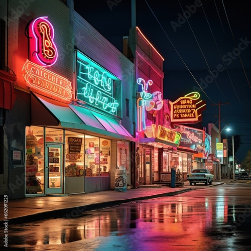 Capture the magical ambience of a Black Friday night, emphasizing the reflections of neon signs in rain-slicked streets. Ai generated