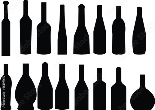 Set of linear alcohol bottles vector icons. Line black silhouette with wine, cognac, champagne, beer bottle . Alcohol collection.