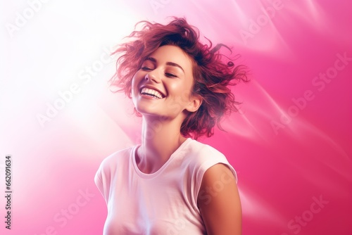 A woman with a joyful smile and wind-blown hair
