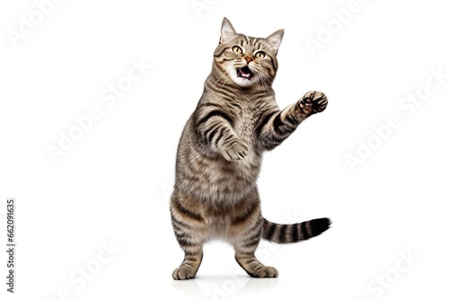a tabby cat standing up with his arms outstretched isolated on white background