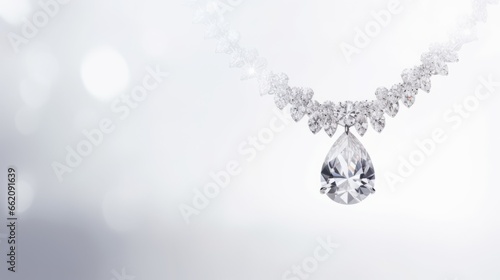 A stunning diamond necklace on a white background. The necklace has a V-shaped design with small diamonds and a large teardrop diamond in the center.