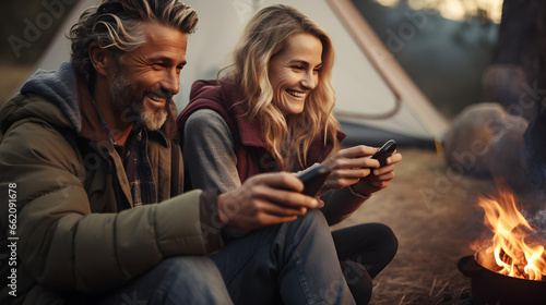 Elderly couple sitting by the fire, grandparents relaxing in front of the camping fire.