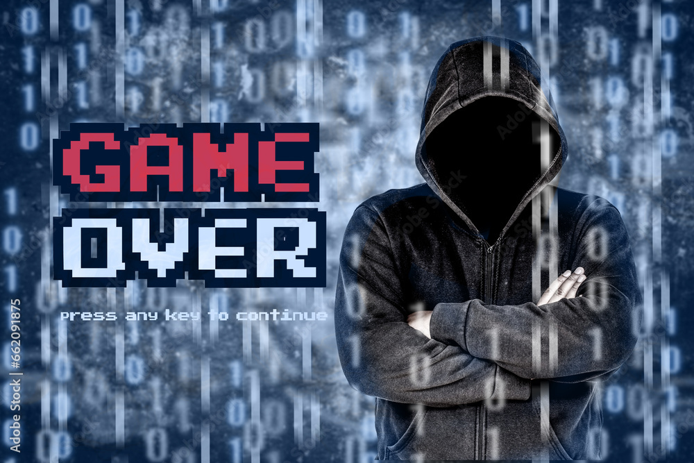 Game over concept with hooded video game and digital binary glitch effect. Game over concept with hooded video game and digital binary glitch effect.