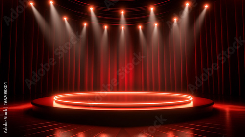 Interior podium stage display mockup with red curtain and spotlight decorated for place product advertising.