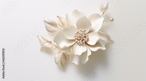 Foto A beautiful white flower brooch on a white background
