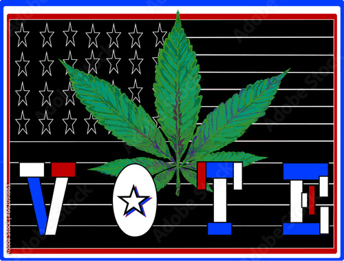 American flag in a simple black and white color with cannabis leaf and red white blue bold letters