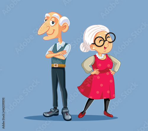 Happy Senior Man and Woman Standing Together Vector Cartoon Characters. Couple in a long-lasting marriage of a lifetime smiling aging with grace
