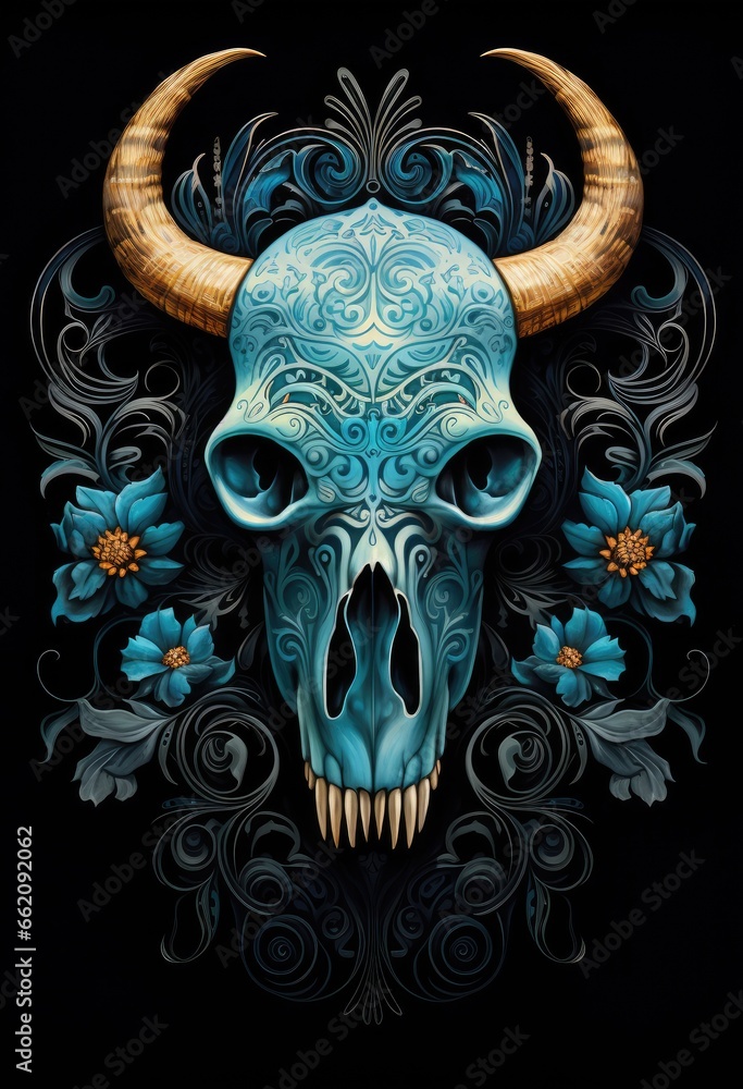 A skull with horns and flowers on a black background