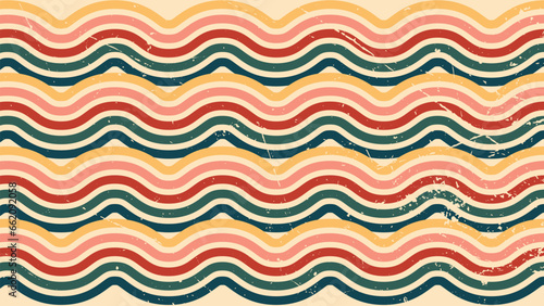 Abstract background of rainbow groovy Wavy Line design in 1970s Hippie Vintage Retro style. Old Vintage Retro background, Vector pattern, Vector vintage pattern, Vintage 70s colorful lines background