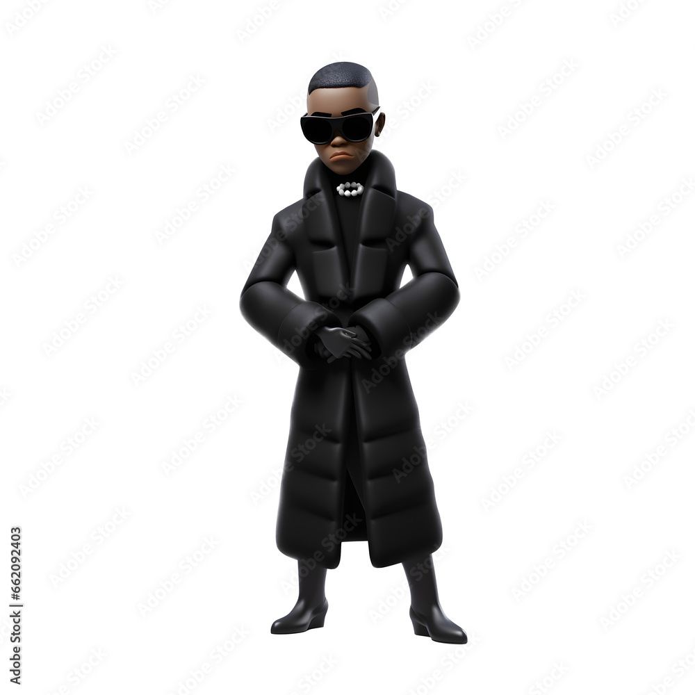 3d cartoon man in clothes black trendy winter Fashionable confident in glamour fashion model, color sunglasses, Full body Standing posing idea concept design, isolated on white background 3d cartoon man in clothes black trendy winter Fashionable confident in glamour fashion model, color sunglasses, Full body Standing posing idea concept design, isolated on white background