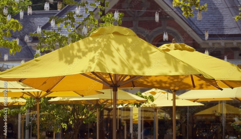 bright yellow umbrella pattern at an outdoor restaurant 