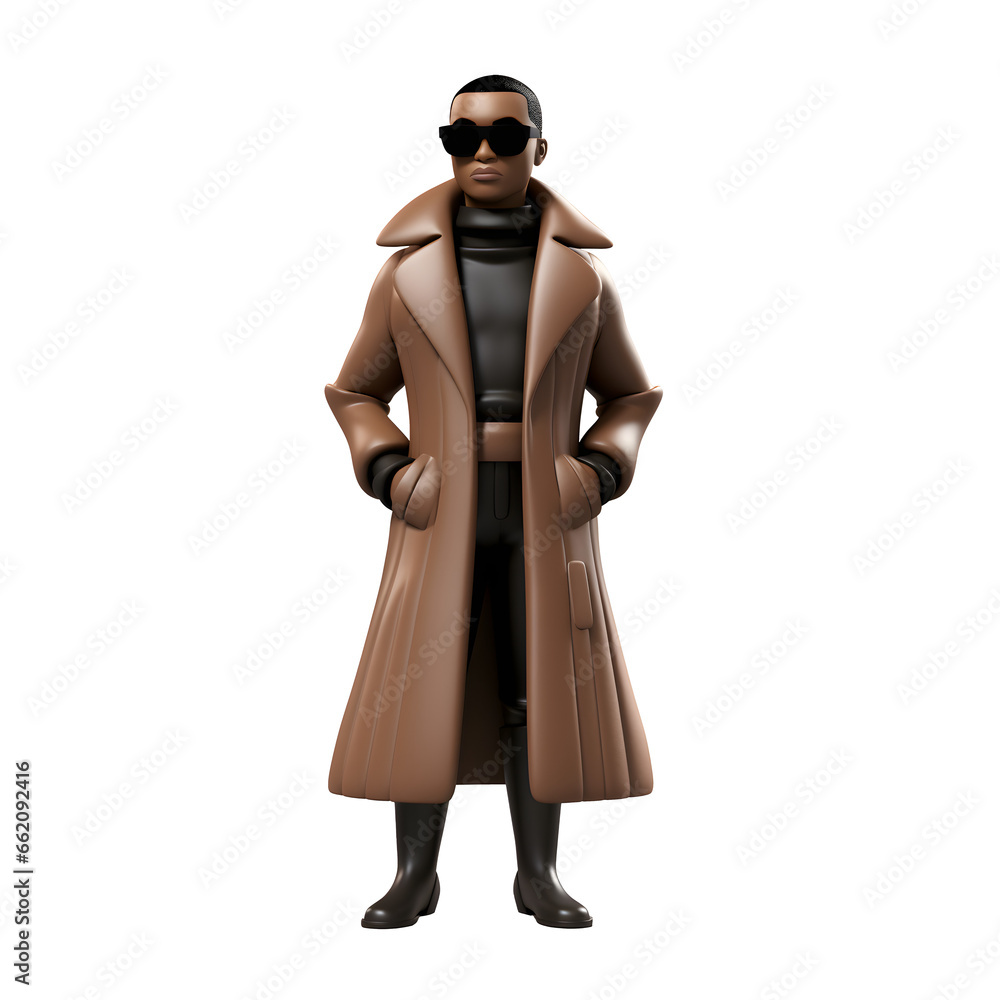 3d cartoon man in brown coat trendy winter Fashionable confident in glamour fashion model, color sunglasses, Full body Standing posing idea concept design, isolated on white background