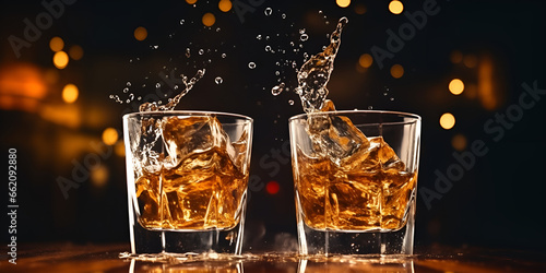 Isolated shot of whiskey with splash on black background ,Whiskey glass filled with ice cubes and fragrant brandy ,Cocktail close up in a bar setting generative ai