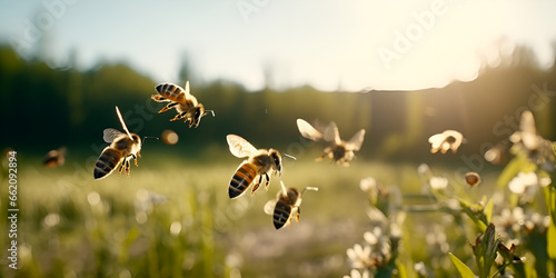 bee on the field,bee, fly, animal, pollen, honey, bumblebee, garden, yellow, flying generative ai © Hadi