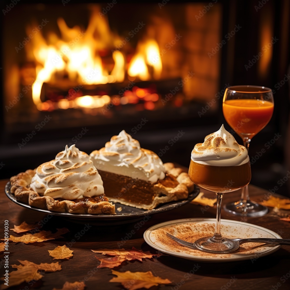 Desserts are enjoyed by the fireside, with pumpkin pie and whipped cream providing a sweet ending to the day. Ai generated