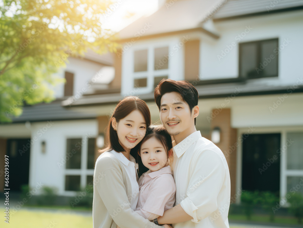 Happy Asian family in the yard near their house, happy family concept in front of the house Happy Asian family in the yard near their house, happy family concept in front of the house