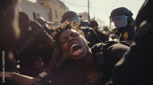Photographie Protesters arrested by police, concept of riots during demonstrations