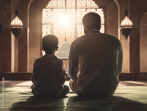 Silhouettes of Muslim father and son praying together in the mosque on back view