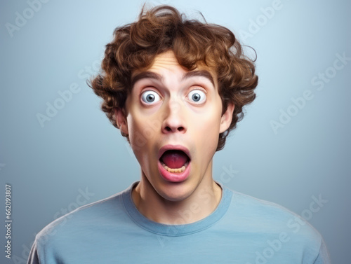 Man with shocked and surprised with open mouth isolated on gray background © Kedek Creative
