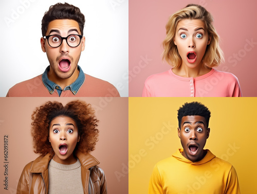 Set of shocked and surprised people with open mouths on isolated background