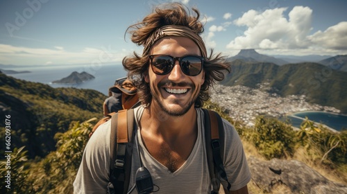 A Handsome man wearing hat and sunglasses taking selfie picture on vacation day - Happy backpacker smiling, Generative AI