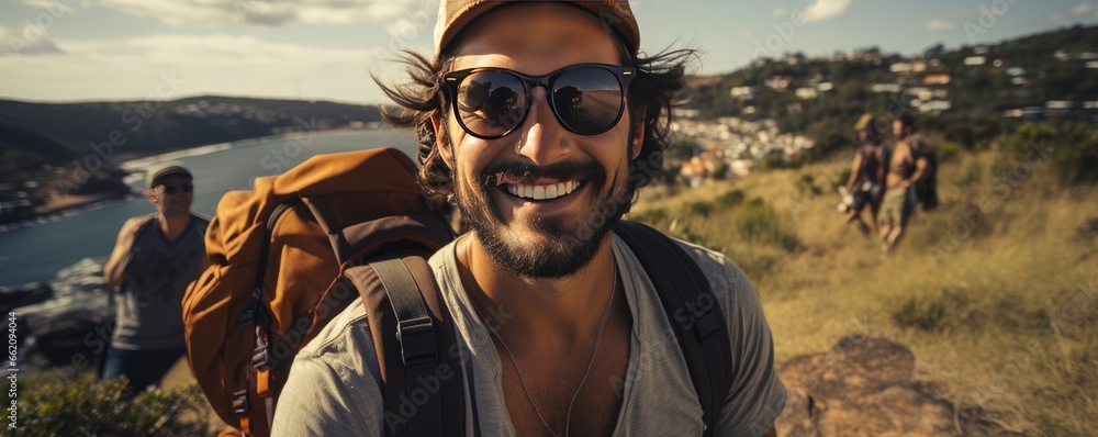 A Handsome man wearing hat and sunglasses taking selfie picture on vacation day - Happy backpacker smiling, Generative AI - obrazy, fototapety, plakaty 