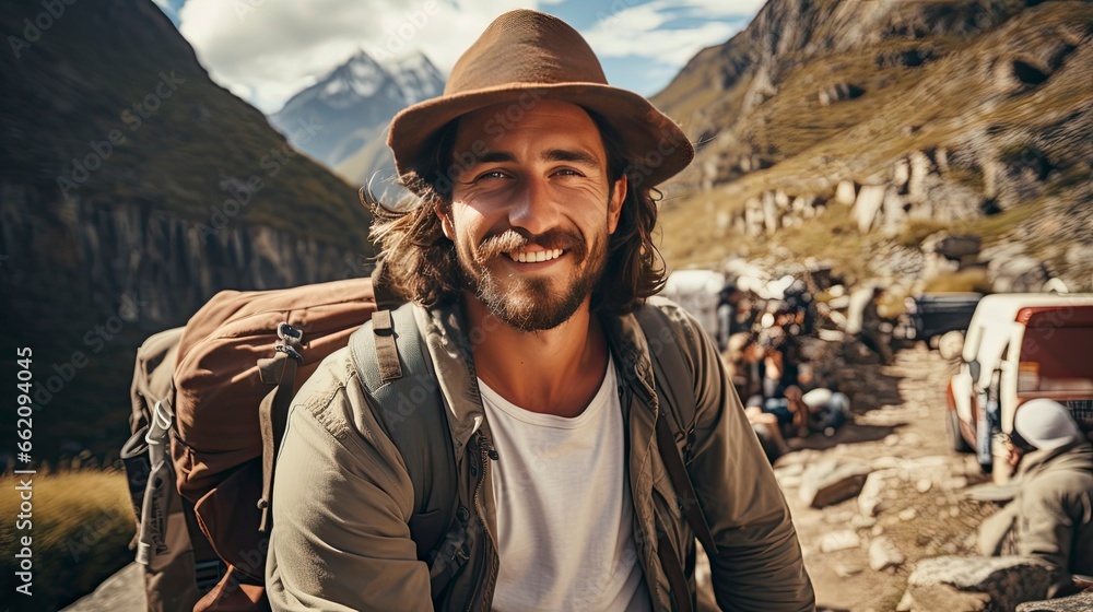 A Handsome man wearing hat and sunglasses taking selfie picture on vacation day - Happy backpacker smiling, Generative AI A Handsome man wearing hat and sunglasses taking selfie picture on vacation day - Happy backpacker smiling, Generative AI