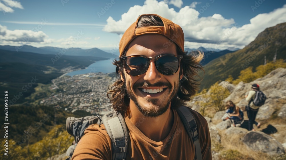 A Handsome man wearing hat and sunglasses taking selfie picture on vacation day - Happy backpacker smiling, Generative AI