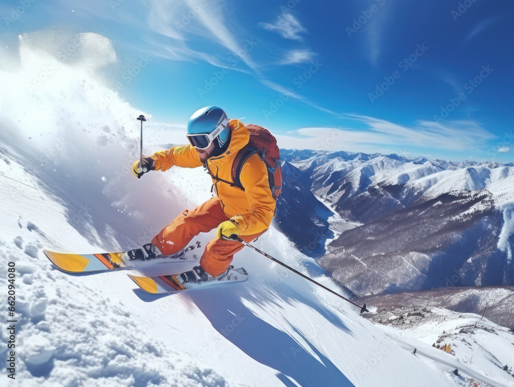 Skier jumping down a hillside in snow covered mountains on the background of a sunny day with blue sky