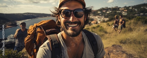 A Handsome man wearing hat and sunglasses taking selfie picture on vacation day - Happy backpacker smiling, Generative AI photo