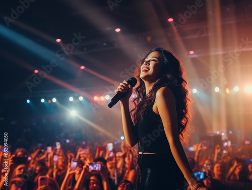 Female singer on stage singing with audience, concert with large audience