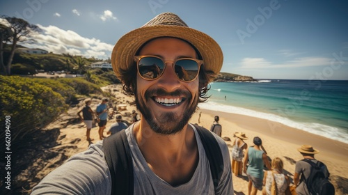 A Handsome man wearing hat and sunglasses taking selfie picture on vacation day - Happy backpacker smiling, Generative AI