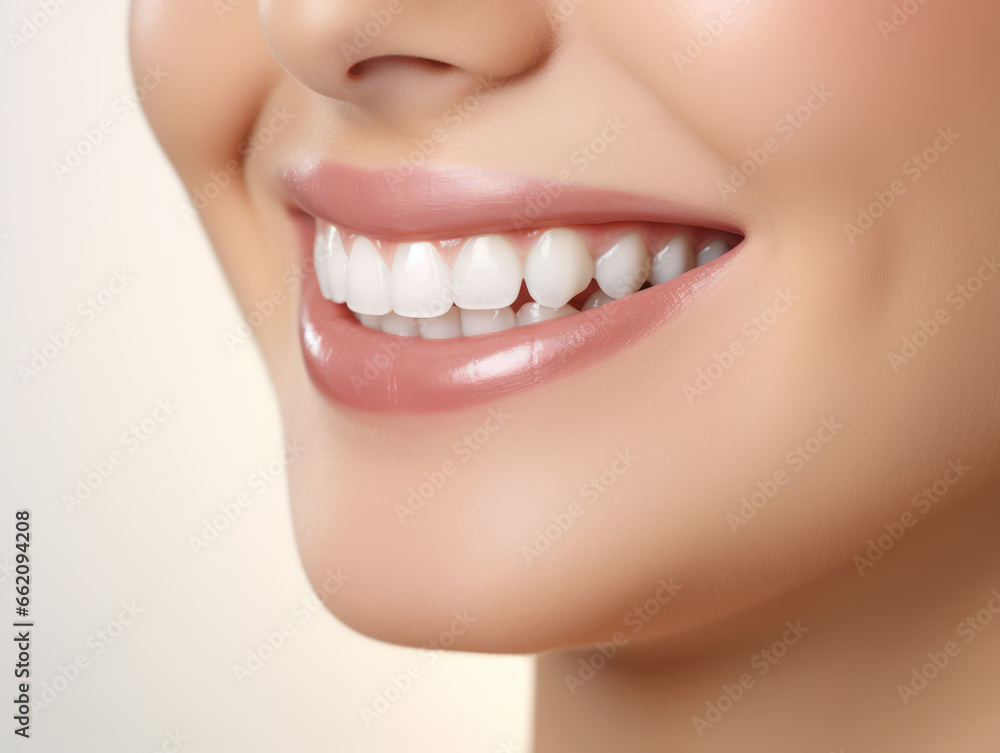Closeup of beautiful woman smile after teeth whitening procedure, dental care concept Closeup of beautiful woman smile after teeth whitening procedure, dental care concept