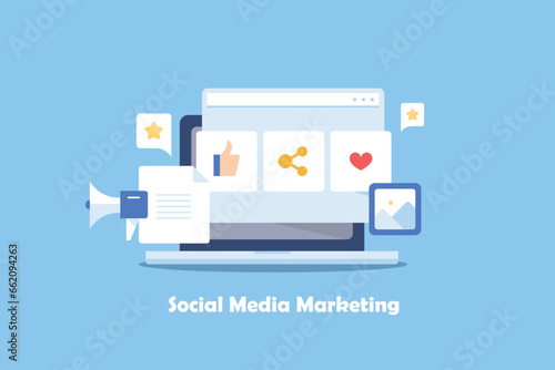 Concept of social media marketing, audience interactions like, share, on laptop screen, post content digital promotion strategy vector illustration web banner.