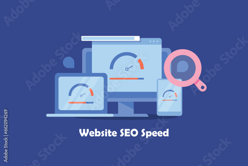 Search bar with magnifier, website speed test, internet connection speed meter on digital device screen, conceptual technology vector web banner.